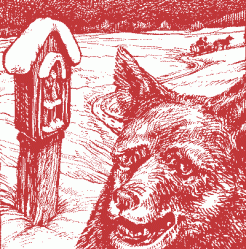 Rysunek biało-czerwony. Wilk zimą obok kapliczki, w oddali sanie i wioska