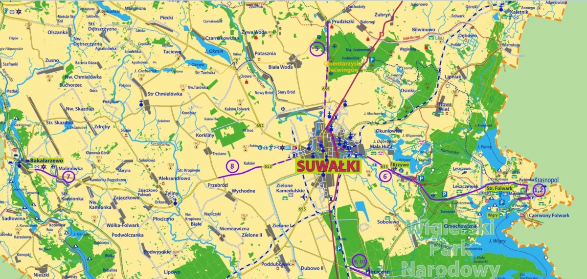 mapa z wrysowanymi ścieżkami rowerowymi w gminie Bakałarzewo, Jeleniewo i Suwałki - Kliknięcie spowoduje wyświetlenie powiększenia zdjęcia