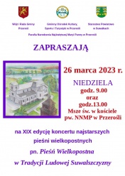 Zaproszenie na XIX edycję koncertu najstarszych pieśni wielkopostnych pn. ''Pieśń wielkopostna w tradycji ludowej Suwalszczyzny''