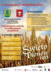 Zaproszenie na dożynki Powiatu Suwalskiego i Gminy Raczki - "Święto Plonów 2023"